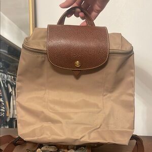 Longchamp Tan and Brown Backpack with Flap Closure